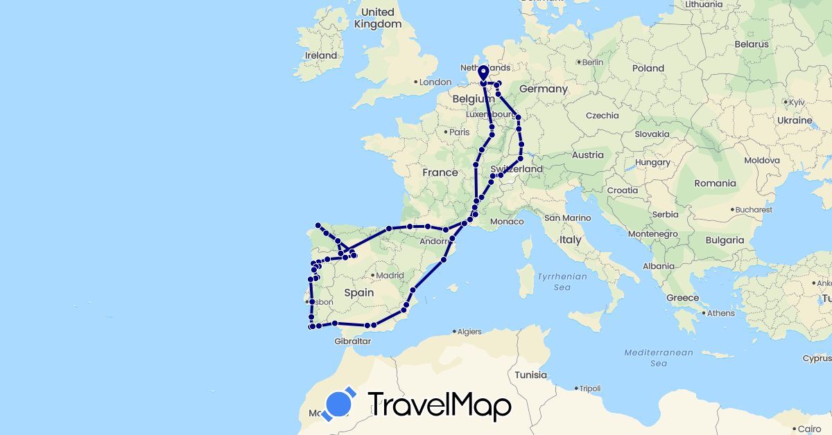 TravelMap itinerary: driving in Switzerland, Germany, Spain, France, Netherlands, Portugal (Europe)